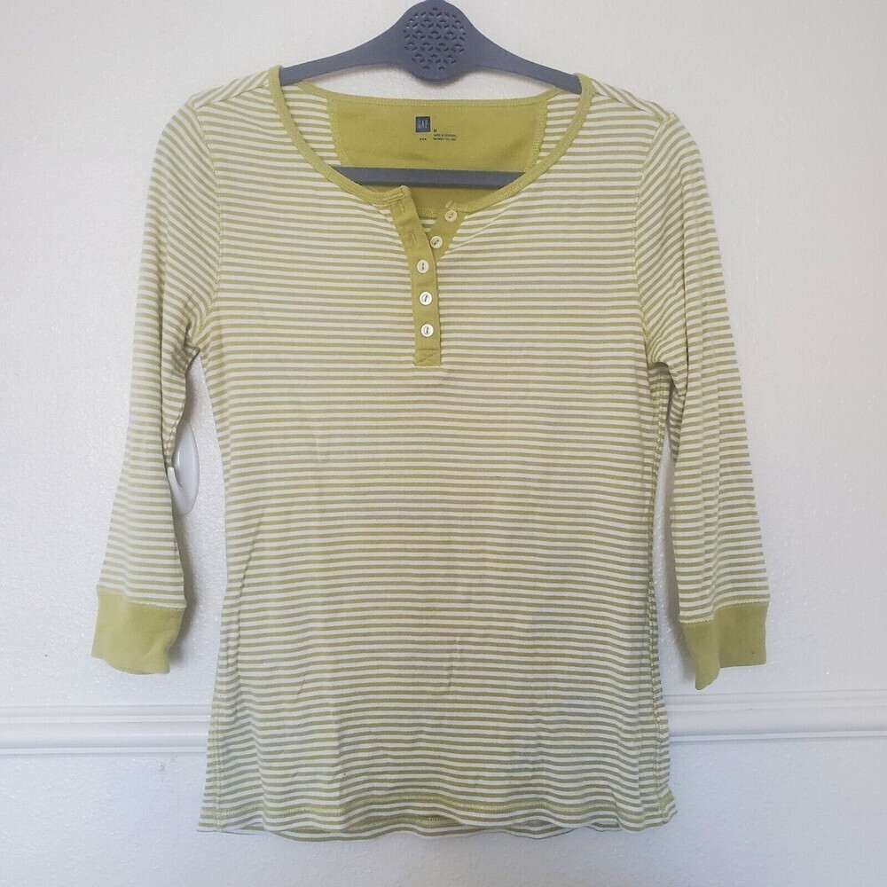 Gap Henley Long Sleeve Top Green Striped Womens Sz M Stretch Lightweight